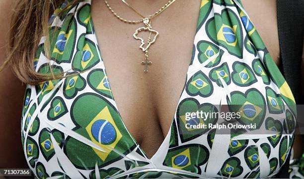 Brazilian football fan wears a top with Brazilian flags during a live-broadcast of the Round of 16 Brazil v Ghana match on June 27, 2006 in Dortmund,...