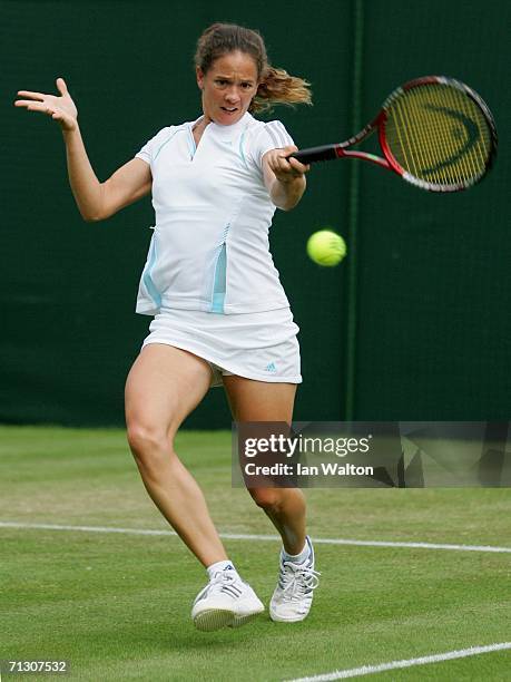 Patty Schnyder of Switzerland in action against Antonella Serra Zanetti of Italy during day two of the Wimbledon Lawn Tennis Championships at the All...