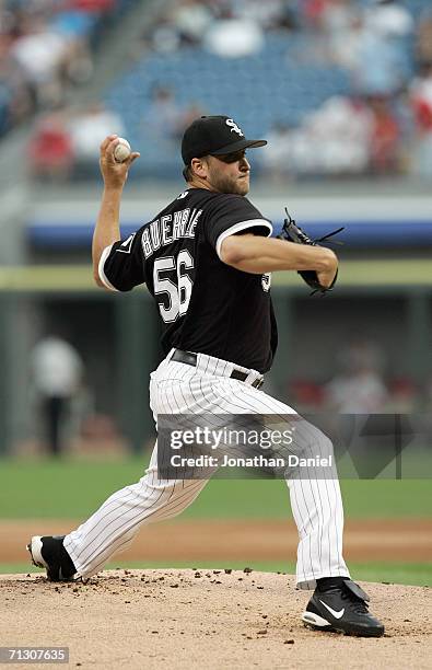 Pitcher Mark Buehrle of the Chicago White Sox winds back to pitch during the game against the St. Louis Cardinals on June 21, 2006 at U.S. Cellular...