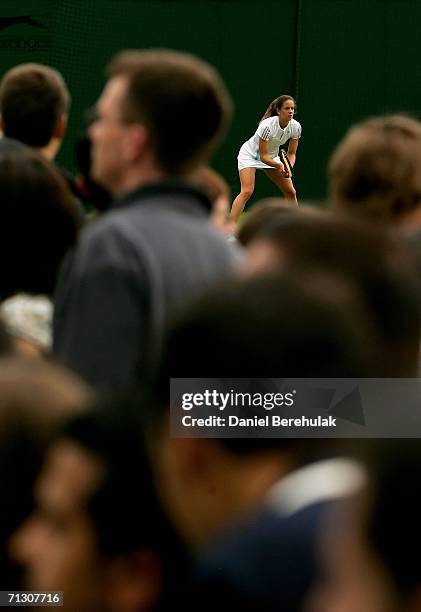 Patty Schnyder of Switzerland prepares to return the serve from Antonella Serra Zanetti of Italy during day two of the Wimbledon Lawn Tennis...