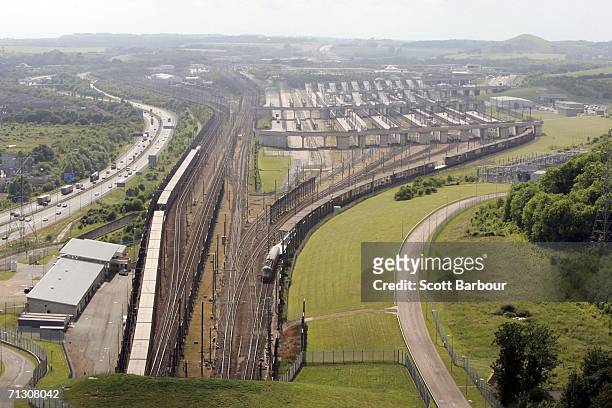 Trains enter the Channel Tunnel on June 27, 2006 in Folkestone, England. The Channel Tunnel is a 50 km long rail tunnel beneath the English Channel...