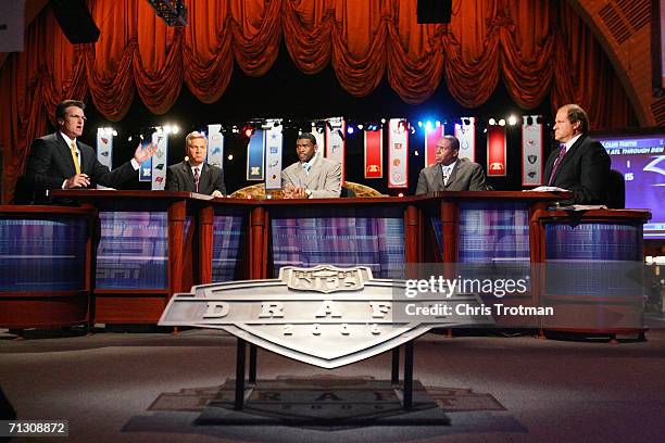 Mel Kiper, Chris Mortensen, Michael Irvin, Tom Jackson and Chris Berman of ESPN broadcast their coverage during the 2006 NFL Draft on April 29, 2006...
