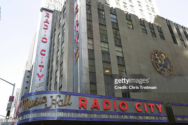 The exterior of Radio City Music Hall is shown during the 2006 NFL Draft on April 29, 2006 at Radio City Music Hall in New York, New York.