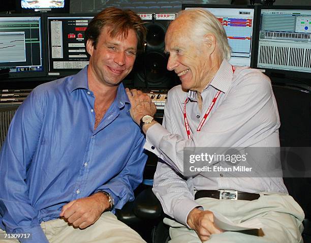 Musical directors Giles Martin and his father Sir George Martin joke around during a behind-the-scenes tour of "The Beatles LOVE by Cirque du Soleil"...