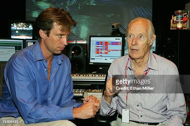 Musical directors Giles Martin and his father Sir George Martin speak during a behind-the-scenes tour of "The Beatles LOVE by Cirque du Soleil" at...