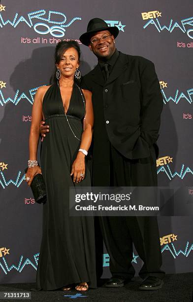 Producer Jimmy Jam and wife Lisa Padilla pose in the press room at the 2006 BET Awards at the Shrine Auditorium on June 27, 2006 in Los Angeles,...