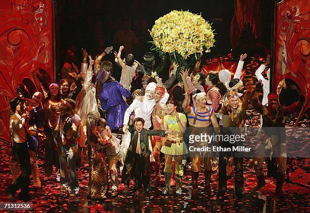 Performers take a curtain call at the end of a preview of "The Beatles LOVE by Cirque du Soleil" at The Mirage Hotel & Casino June 27, 2006 in Las...