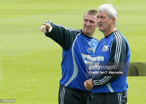 Newcastle coach Lee Clark and Terry McDermott look on during the pre season training session at the Newcastle United Training ground on June 28, 2006...