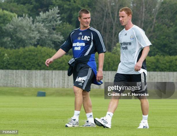 Newcastle coach Lee Clark greets Nicky Butt during the pre season training session at the Newcastle United Training ground on June 28, 2006 in...