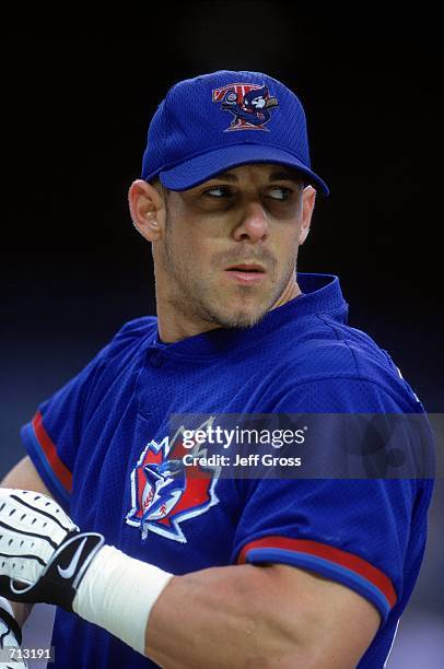 Brad Fullmer of the Toronto Blue Jays looks on the field during the game against the Anaheim Angels at Edison Field in Anaheim, California. The Blue...
