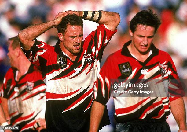Billy Moore of the Bears shows his frustration during a NRL match between the St George Dragons and the North Sydney Bears at Kogarah Oval 1998, in...