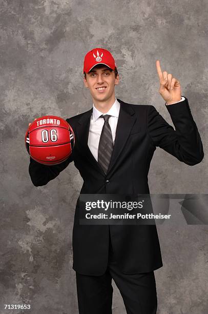 Andrea Bargnani of the Toronto Raptors, the number one overall pick, poses for a portrait backstage during the 2006 NBA Draft on June 28, 2006 in The...