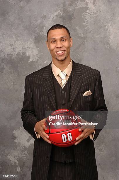 Brandon Roy of the Portland Trail Blazers, the number six overall pick, poses for a portrait backstage during the 2006 NBA Draft on June 28, 2006 in...