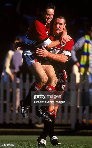 Jason Taylor and Ben Ikin of the Bears celebrate during a NRL match between the North Sydney Bears and the Canberra Raiders at North Sydney Oval...