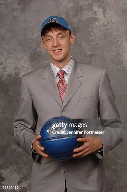 Oleksiy Pecherov of the Washington Wizards, selected 18th overall, poses for a portrait backstage during the 2006 NBA Draft on June 28, 2006 in The...