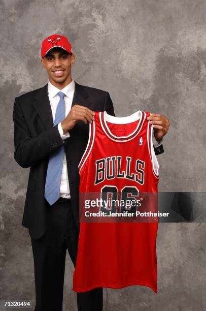 Thabo Sefolosha, selected 13th overall by the Philadelphia 76ers and later traded to the Chicago Bulls, poses for a portrait backstage during the...