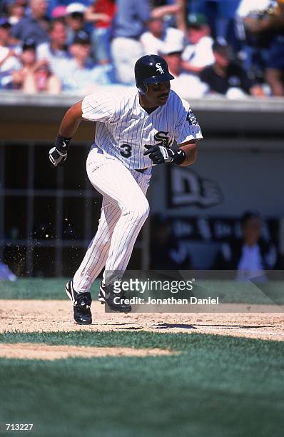 Harold Baines of the Chicago White Sox starts to run to first base during the game against the Baltimore Orioles at Comiskey Park in Chicago,...