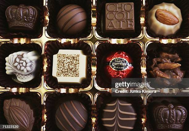 Box of chocolates contains a piece decorated with a URL written in two-dimensional code on June 29, 2006 in Tokyo, Japan. The chocolate is...