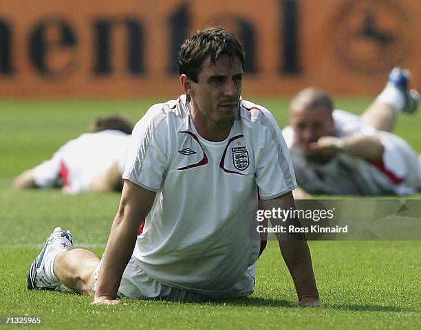 Gary Neville of England warms up during the teams training session at England's World Cup base on June 29, 2006 in Baden-Baden, Germany.