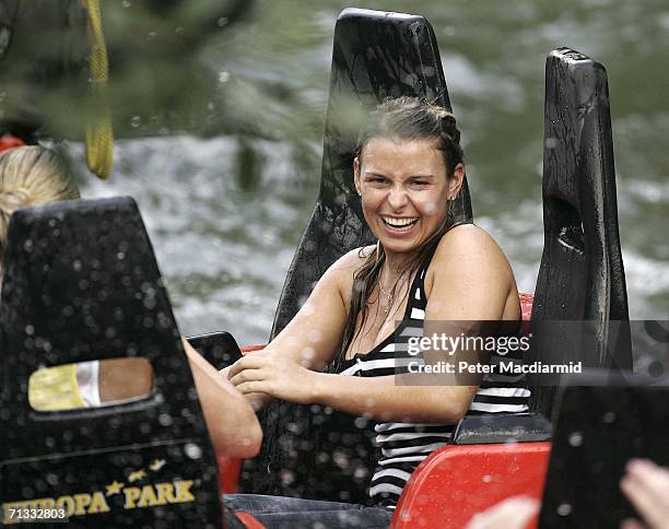 Coleen McLaughlin laughs after getting a soaking at the Europa theme park on June 29, 2006 near Baden Baden, Germany.