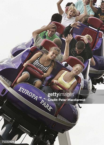 Coleen McLaughlin rides a roller-coaster at the Europa theme park on June 29, 2006 near Baden Baden, Germany.