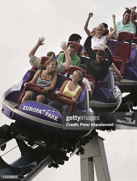 Coleen McLaughlin rides a roller-coaster at the Europa theme park on June 29, 2006 near Baden Baden, Germany.