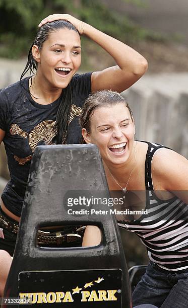Michaela Henderson-Thyne , girlfriend of Stewart Downing and Coleen McLaughlin laugh after getting a soaking at the Europa theme park on June 29,...