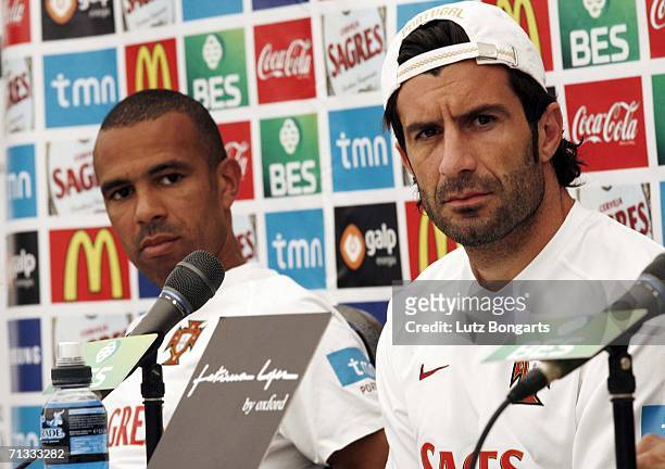 Costinha and Luis Figo attend the press conference of the Portugal National Football Team for the FIFA World Cup Germany 2006 on June 29, 2006 in...