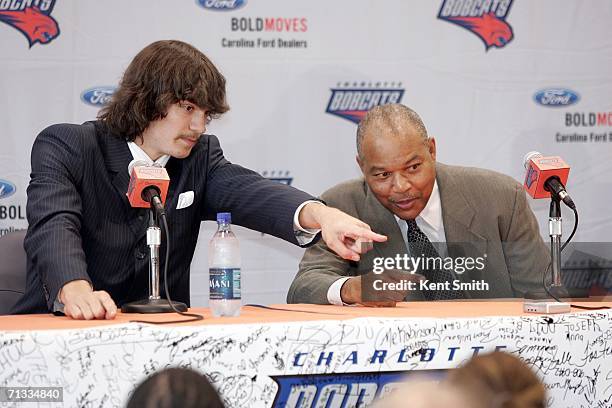 Adam Morrison of the Charlotte Bobcats points out what he like during the press conference with Head Coach Bernie Bickerstaff on June 29, 2006 at the...