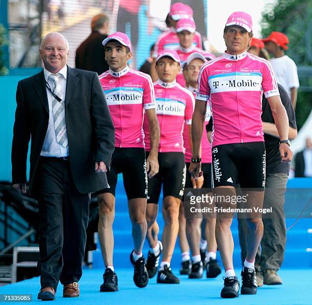 Mobile's Team Manager Rudy Pevenage and Jan Ullrich walk together during the team presentation of the Tour de France 2006 on June 29, 2006 in...