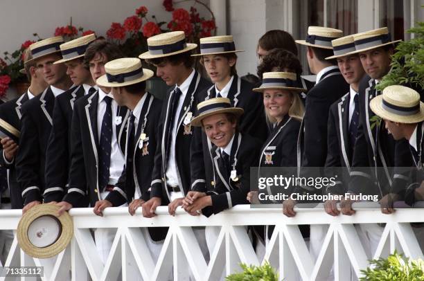 Rowers from Kent School, Connecticut, in the United States, watch the racing on the second day of the Henley Royal Regatta at Henley-on-Thames on...