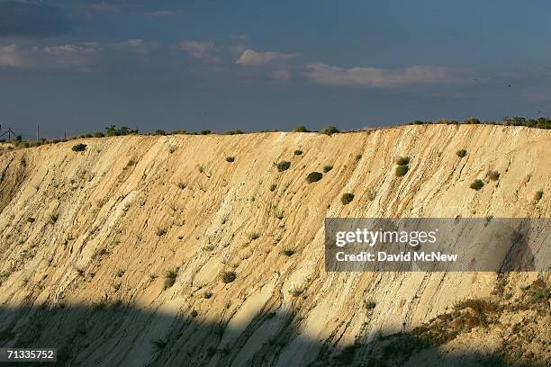 Layers of earthquake-tilted ground are seen where the 14 freeway crosses the San Andreas Fault on June 28, 2006 near Palmdale, California. Scientists...