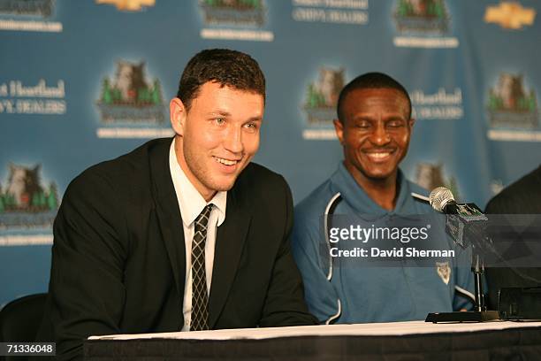 Draft Pick Loukas Mavrokefalidis and Minnesota Timberwolves Head Coach Dwane Casey answer questions from the media during the introductory press...