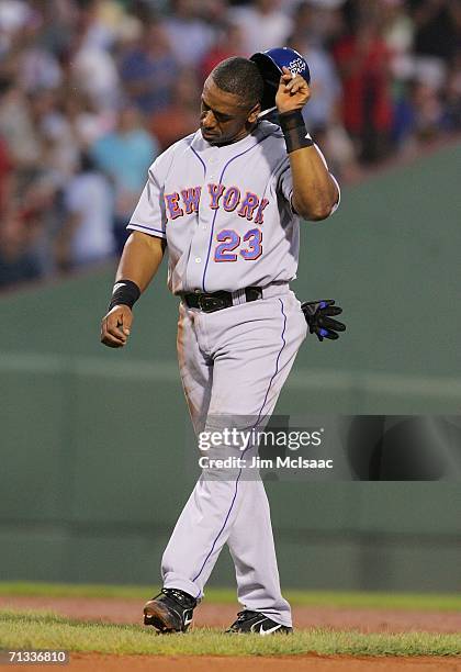 Julio Franco of the New York Mets reacts after being picked off second base in the fifth inning against the Boston Red Sox on June 29, 2006 at Fenway...