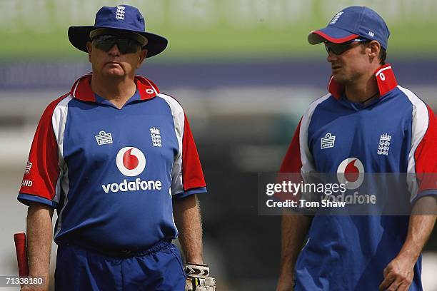 Duncan Fletcher of England has a chat with Andrew Strauss of England during the England nets session prior to the 5th One Day International Match...