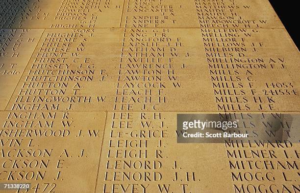 Some of the names of over 72,000 soldiers killed in the Battle of Somme carved into a stone memorial at the Thiepval Memorial and Anglo-French...