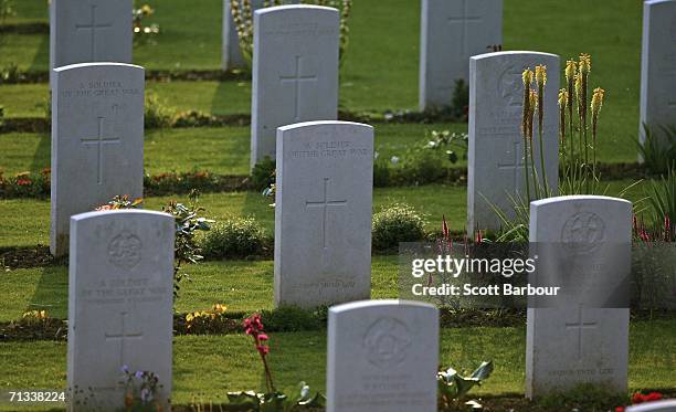 Gravestones mark the graves of unknown soldiers killed in the Battle of Somme at the Thiepval Memorial and Anglo-French cemetery as the 90th...