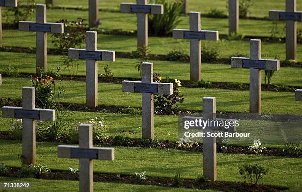 Crosses mark the graves of unknown soldiers killed in the Battle of Somme at the Thiepval Memorial and Anglo-French cemetery as the 90th anniversary...