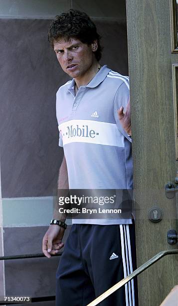 Jan Ullrich of Germany and T-Mobile Team emerges from his hotel to talk to the media after he was suspended by his T-Mobile Team prior to the Tour de...