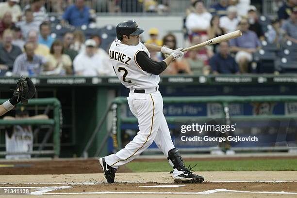 Third baseman Freddy Sanchez of the Pittsburgh Pirates bats against the Chicago White Sox at PNC Park on June 28, 2006 in Pittsburgh, Pennsylvania....