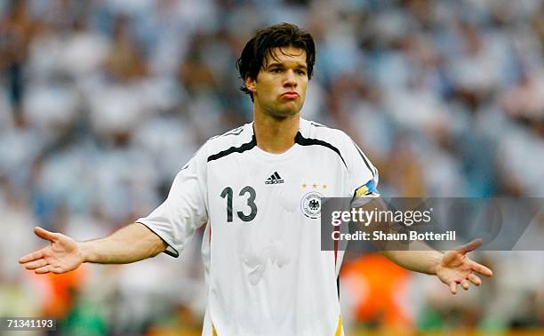 Michael Ballack of Germany gestures during the FIFA World Cup Germany 2006 Quarter-final match between Germany and Argentina played at the Olympic...