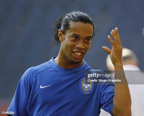 Ronaldinho of Brazil gestures during the Brazil National Football Team training session for the FIFA World Cup Germany 2006 at the FIFA World Cup...