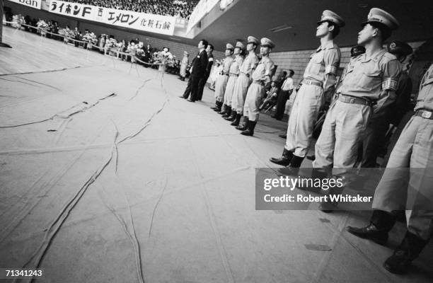 Security guards at the Nippon Budokan Hall, Tokyo, during The Beatles tour of Asia, 1966.