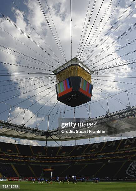 The Brazilan players do stretching excercises during the Brazil National Football Team training session for the FIFA World Cup Germany 2006 at the...