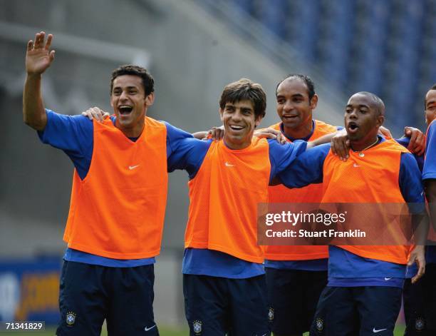 Fred, Juninho, Emerson and Robinho of Brazil celebrate during the Brazil National Football Team training session for the FIFA World Cup Germany 2006...
