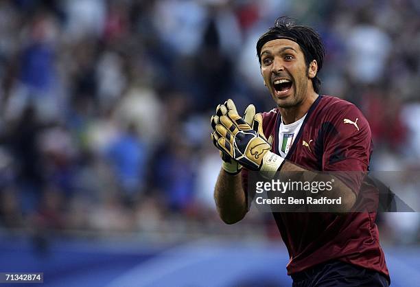 Goalkeeper Gianluigi Buffon of Italy celebrates after teammate, Gianluci Zambrotta scores the opening goal during the FIFA World Cup Germany 2006...