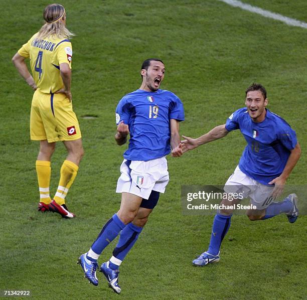 Gianluci Zambrotta of Italy celebrates after scoring the opening goal during the FIFA World Cup Germany 2006 Quarter-final match between Italy and...