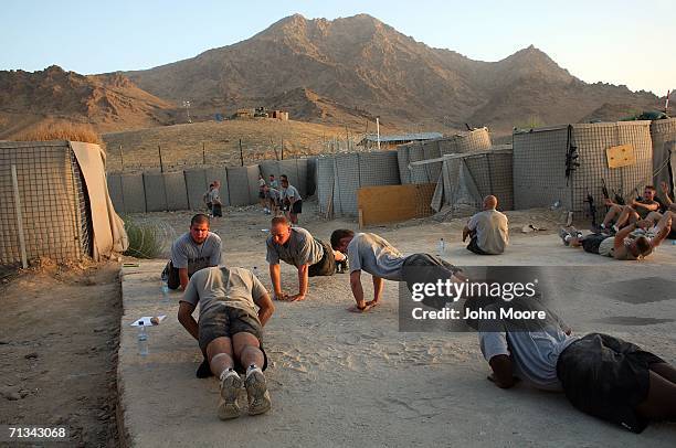 Army troops excercise at their base at Deh Afghan on June 30, 2006 in the Zabul province of southern Afghanistan. Some 10,000 American and Coalition...