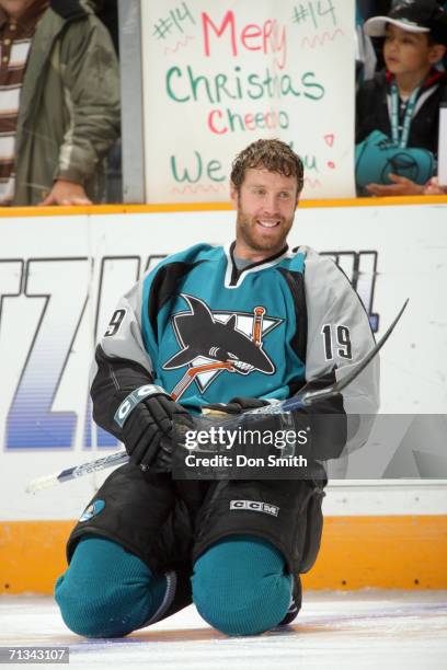 Joe Thornton of the San Jose Sharks stretches before a game against the St. Louis Blues on December 23, 2005 at the HP Pavilion in San Jose,...