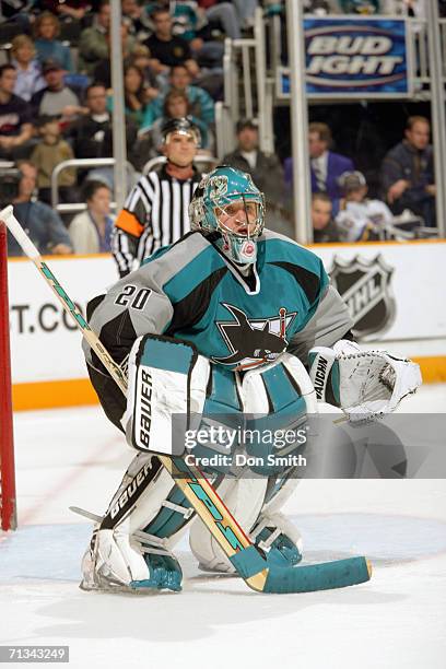 Goaltender Evgeni Nabokov of the San Jose Sharks follows the action during a game against the St. Louis Blues on December 23, 2005 at the HP Pavilion...